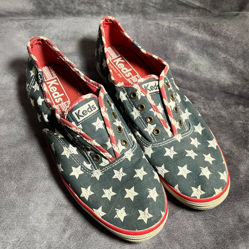 RED WHITE BLUE KEDS SLIP ON FLATS